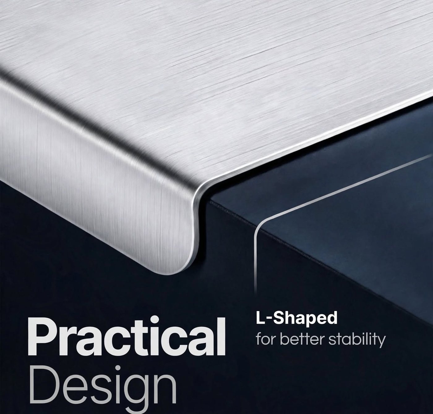 Close-up of the L-shaped brushed stainless steel edge