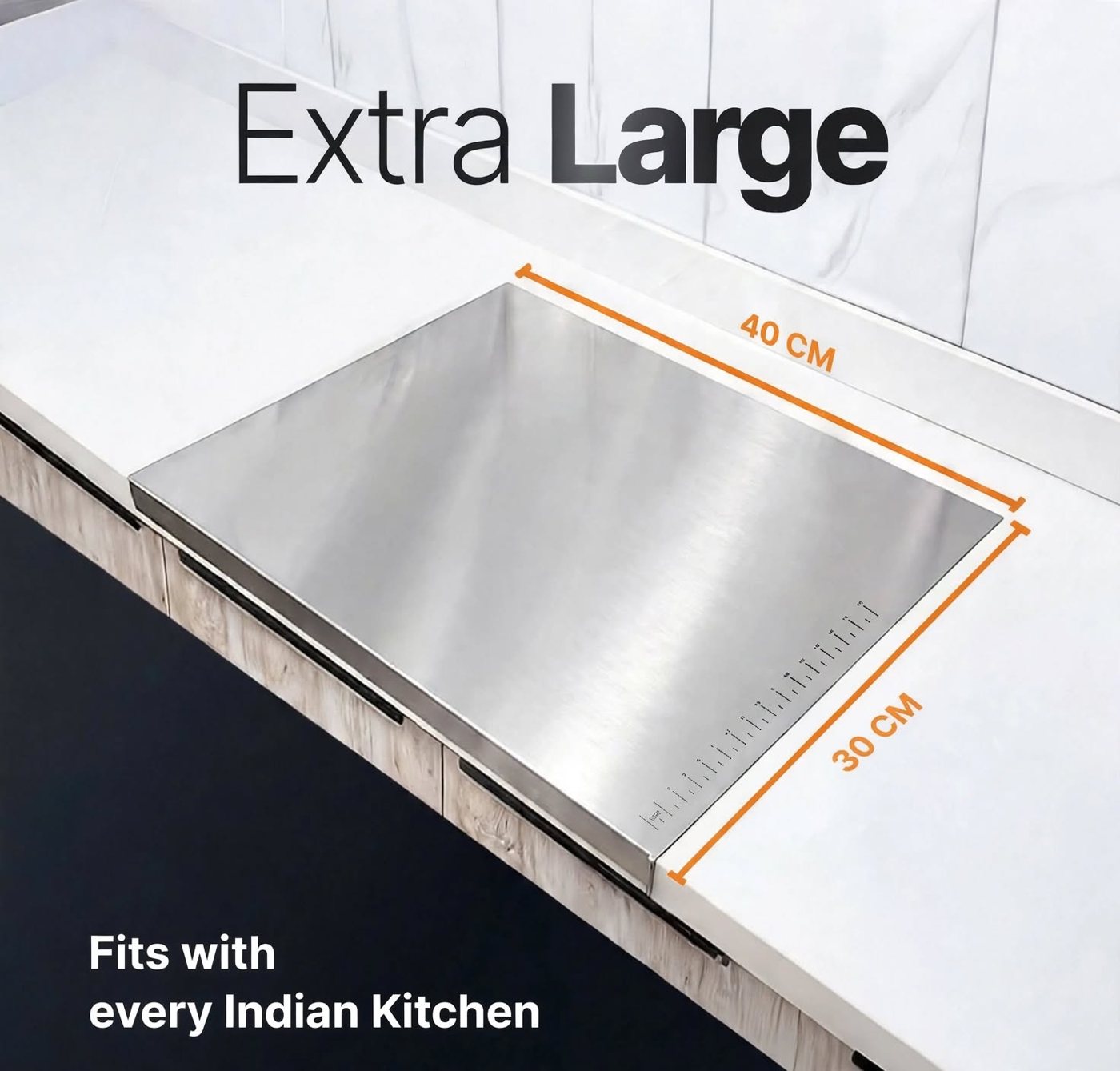 Brighmart 40x30 cm stainless steel chopping board on a kitchen counter